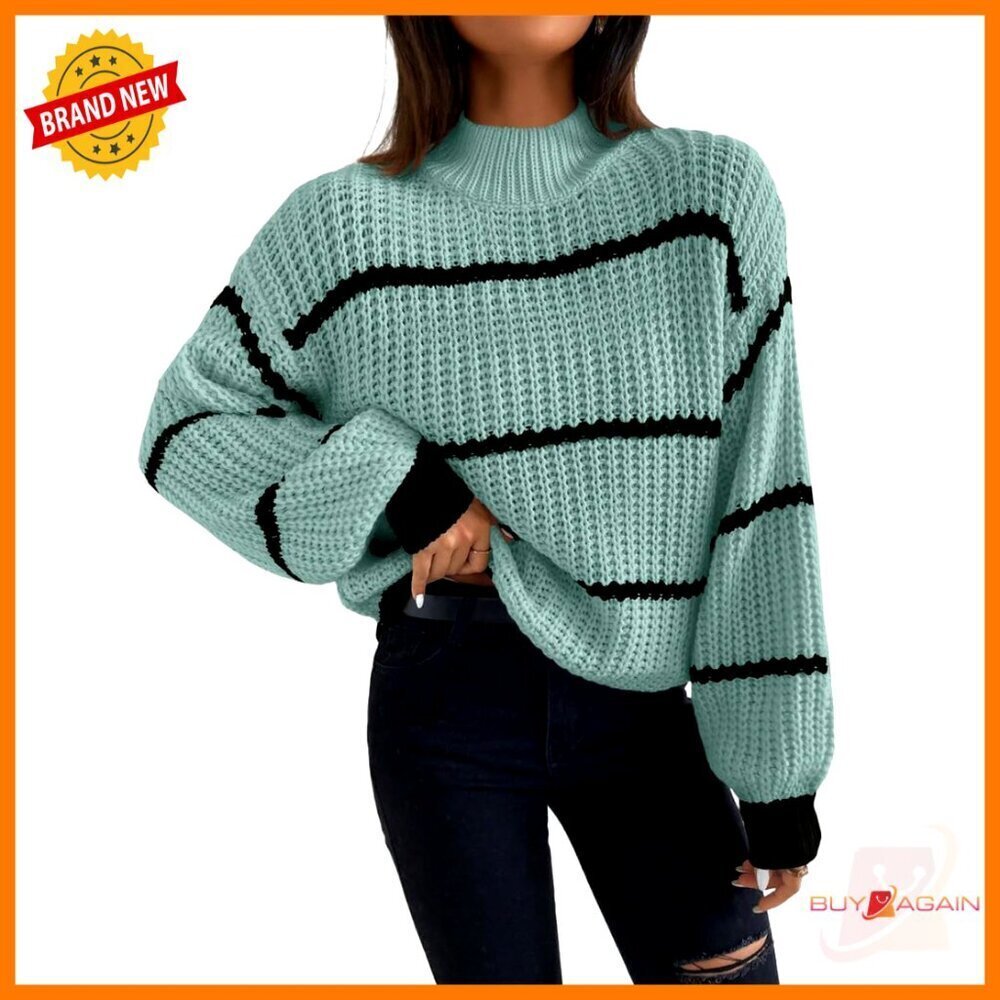 High-Neck Cropped Sweater Striped Stand-Up Collar Dropped Shoulder Knitted